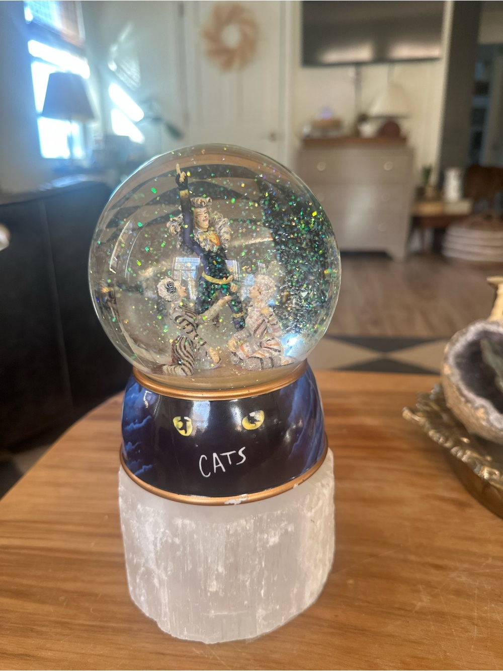 Vintage CATS Musical Glitter Snow Globe in Navy and Gold paint chips beautiful